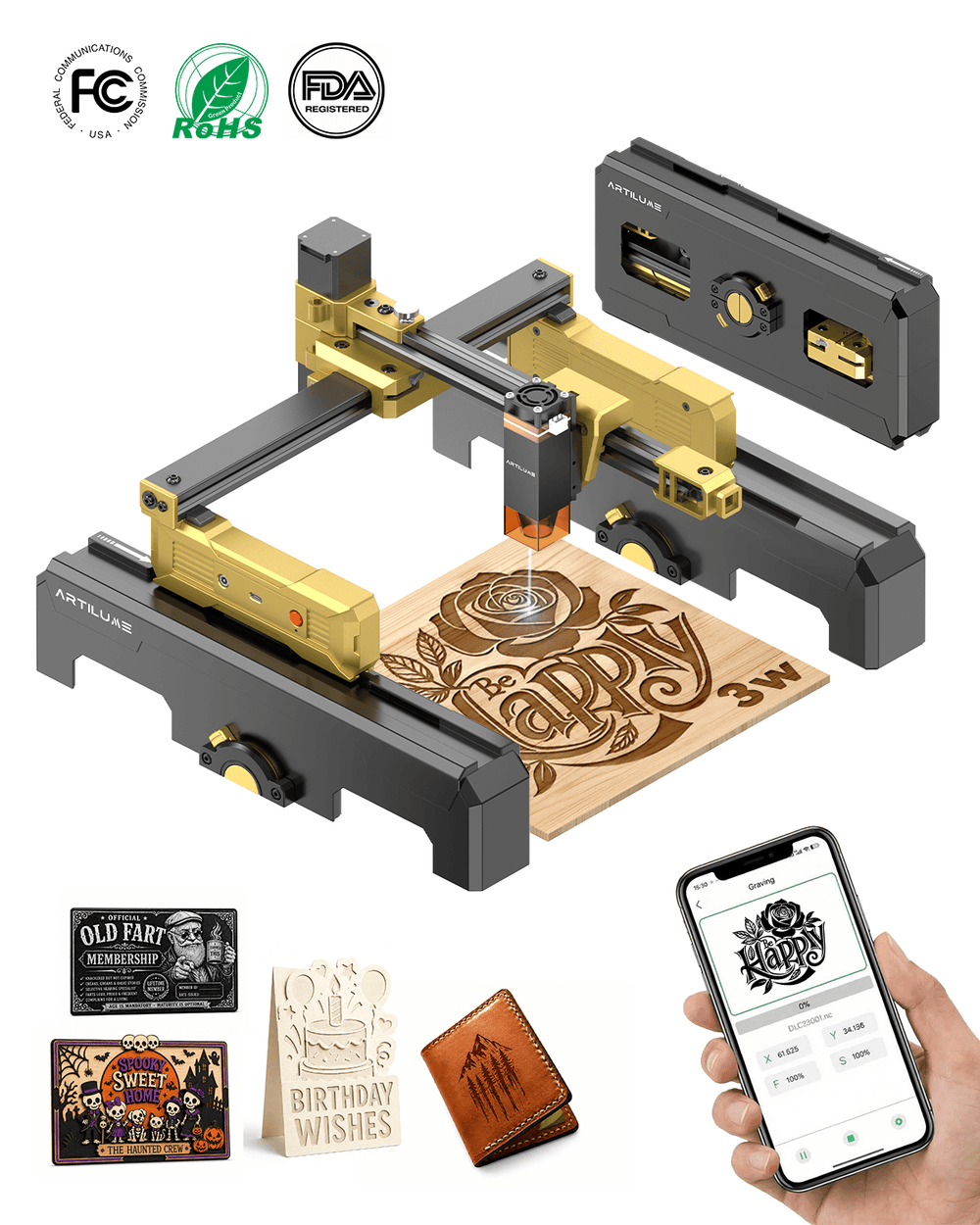 Artilume T1-P Foldable Laser Engraver with APP Control, Riser & Protective Casing